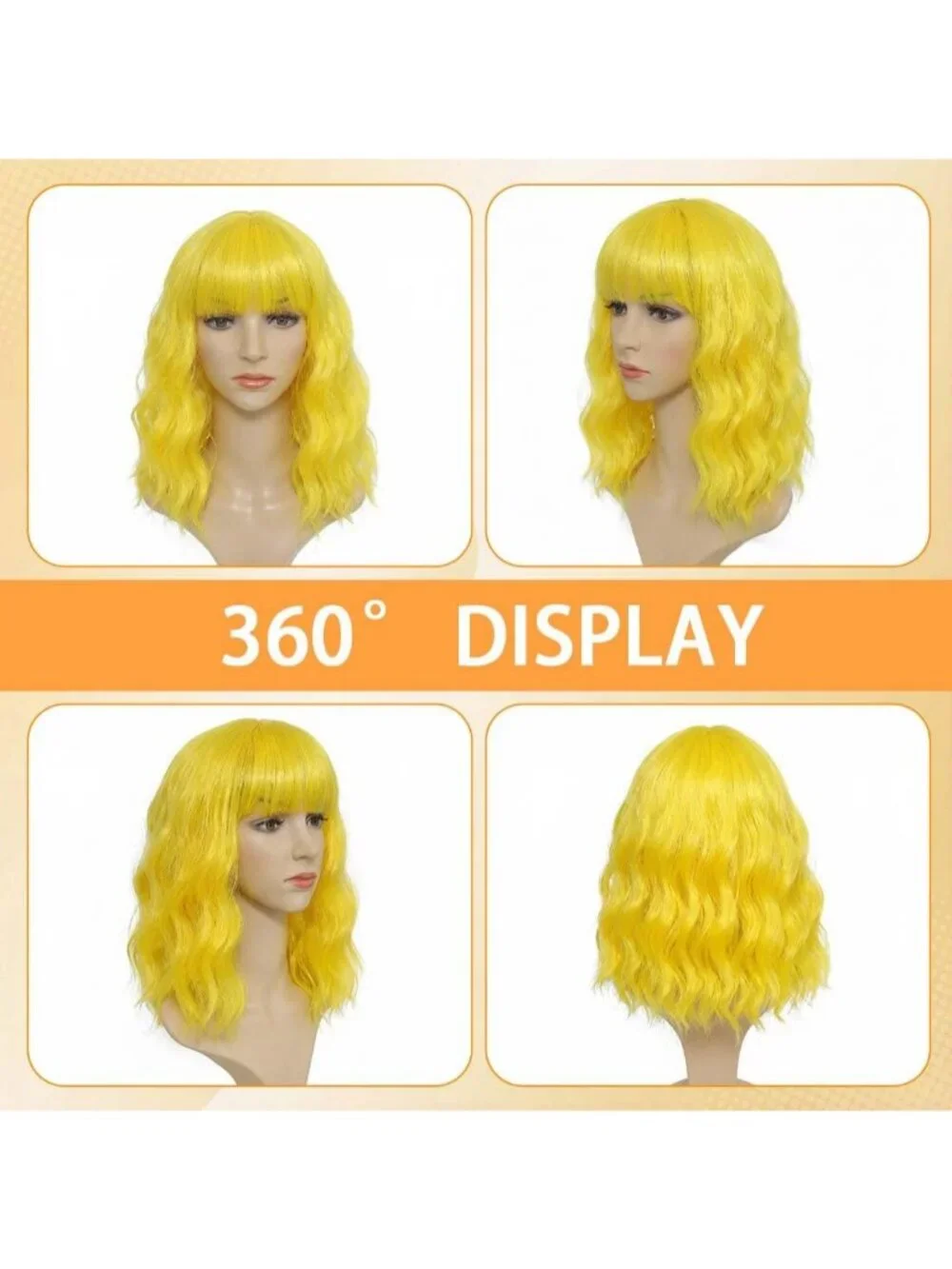 Women's Yellow 14 Inch Short Shoulder Length Synthetic Bangs Wavy Bob Wig